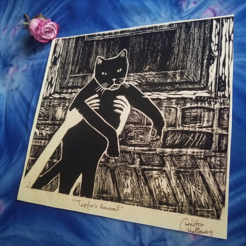 Cat Art Tiptoe Cat Folk Art Prairie Cottage Farmhouse Western Black Cat Art
